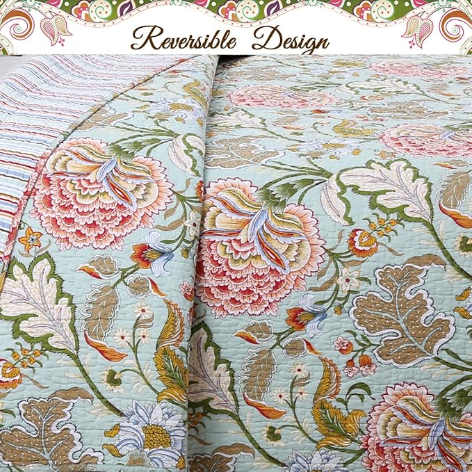 Cozy Line Home Fashions Blooming Red White Floral 100% Cotton Reversible Quilt Bedding Set, Coverlet Bedspread (Camellia Green, King - 3 Piece)