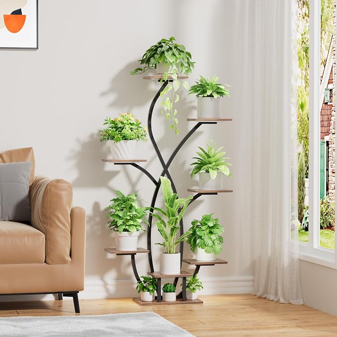 Plant Stand Indoor with Grow Light, 55'' Corner Plant Stands for Indoor Plants, 7 Tiered Indoor Plant Shelf, Flower-Shaped Plant Rack, Metal Display Shelves for Living Room Patio Balcony Decor Black