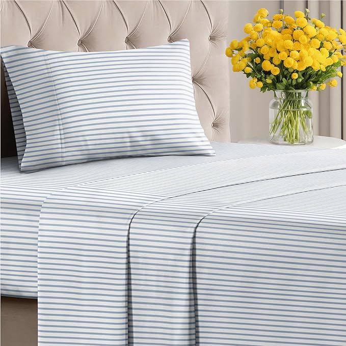 Striped Sheets - Blue & White Striped Sheets - 1 Flat & 1 Fitted & 1 Pillowcase w/ Deep Pockets – Wrinkle & Fade Free - Ultra-Soft, Breathable & Cooling - Luxury Pinstripe Bedding - Twin XL Size Set