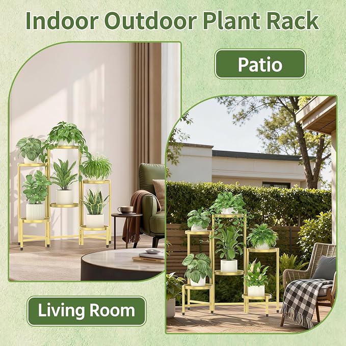 LASZOLA 6 Tier Large Plant Stand Indoor Tall with 10 Inch Metal Tray, Corner Folding Flower Display Rack, Modern Plant Holder Shelf for Outdoor Patio Porch Garden Office Living Room, Gold