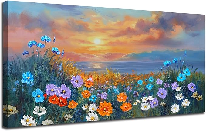 Ardemy Landscape Wall Art for Living Room Extra Large Wildflower Pictures Wall Decor Coastal Sunset Floral Canvas Textured Bedroom Flower Paintings Artwork Home Office, 58"x29"
