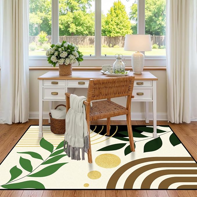 Modern Abstract Rug Geometric Area Rug Boho Green Leaf Floor Mat Soft Washable Carpet for Bedroom Living Room Kitchen Nursery Playroom Home Decor 6'x9'