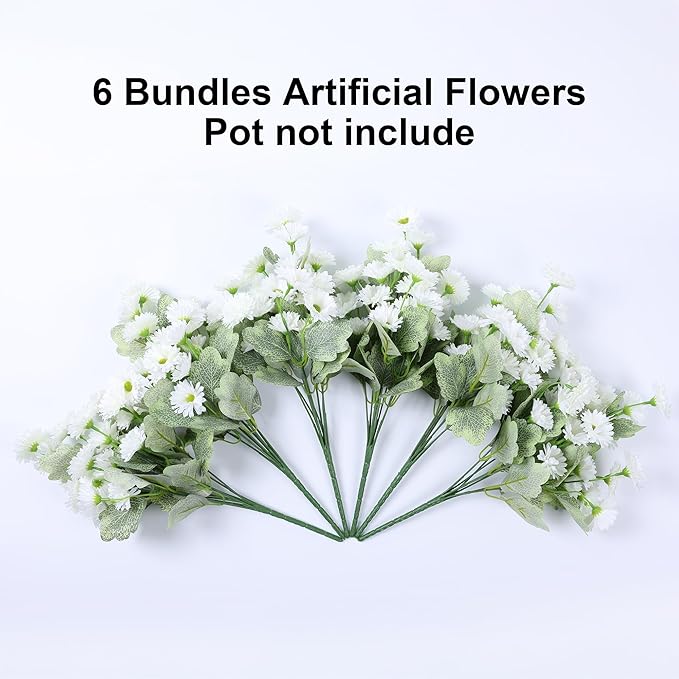 HyeFlora Dahlia Artificial Flowers for Outdoors Winter Decoration, 6 Bundles Fake Daisy White Faux Flowers Plants Realistic UV Resistant Silk Flowers for Outside Planter Front Door Yard Garden