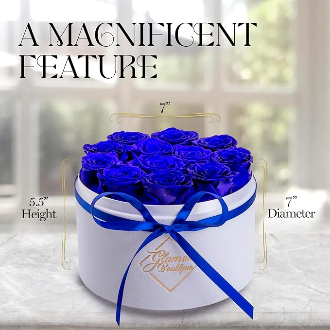 GLAMOUR BOUTIQUE Flower Forever Gift Box 12 Real Preserved Roses in Round Velvet White Box, Handmade, Rose Petals, Birthday, Marriage, Anniversary, Graduation - Blue