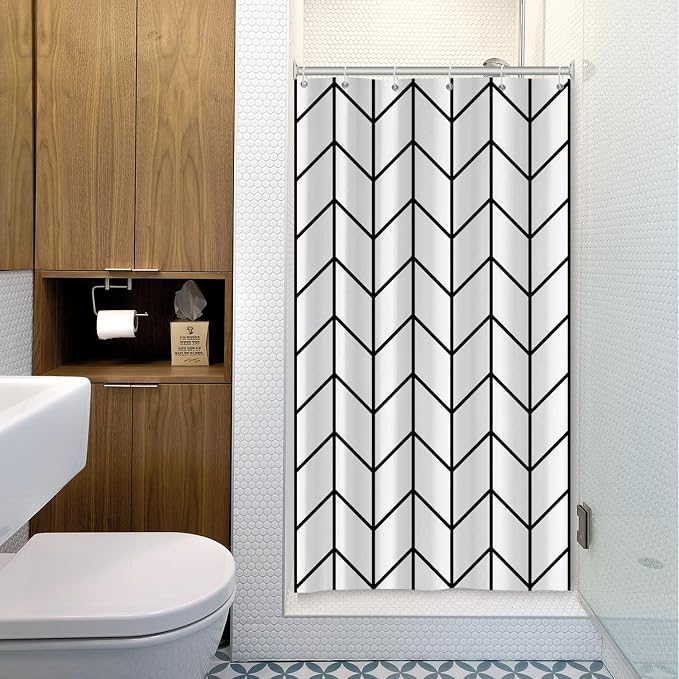 Boho Herringbone Shower Curtains Black White Zig Zag Geometric Bathroom Curtain Minimalist Abstract Polyester Shower Curtain Sets for Bathroom Extra Long 36x72 in with 6 Hooks