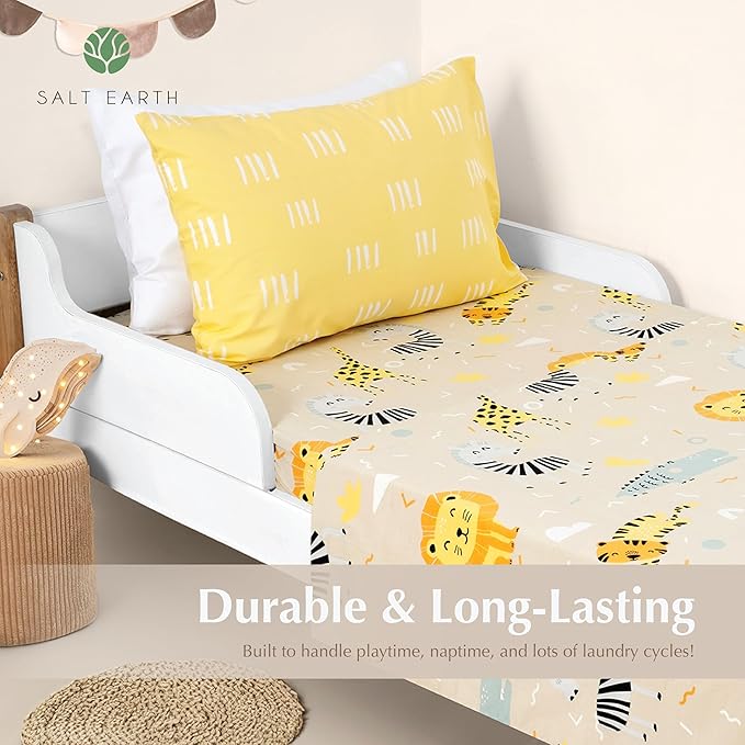 Salt Earth 100% Cotton 210TC Kids Bedsheet, Twin Fitted Sheet,Toddler Bed, 2 Piece Bedding Set- 1 Fitted Sheet and 1 Pillowcase, Themed Toddler Bed Sheets, Cute Sheets (Summerland/Yellow)