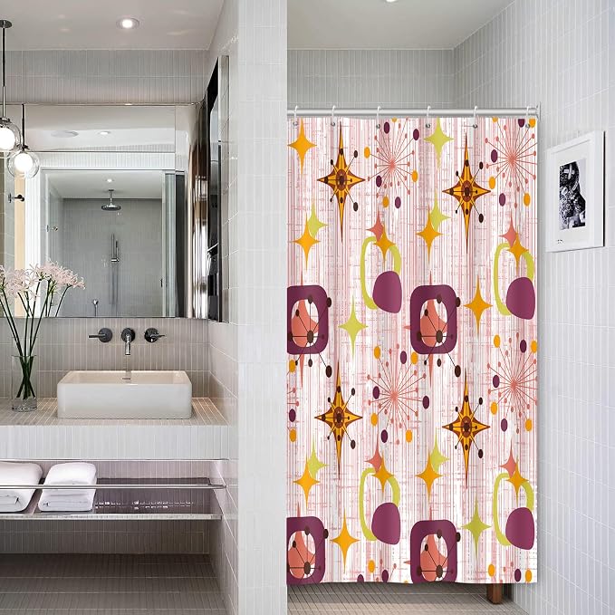 Mid Century Shower Curtain, 48x72inch, Modern Abstract Retro Red Striped Geometric Shower Curtain Sets 1950s Boho Bathroom Shower Curtain with 8 Hooks