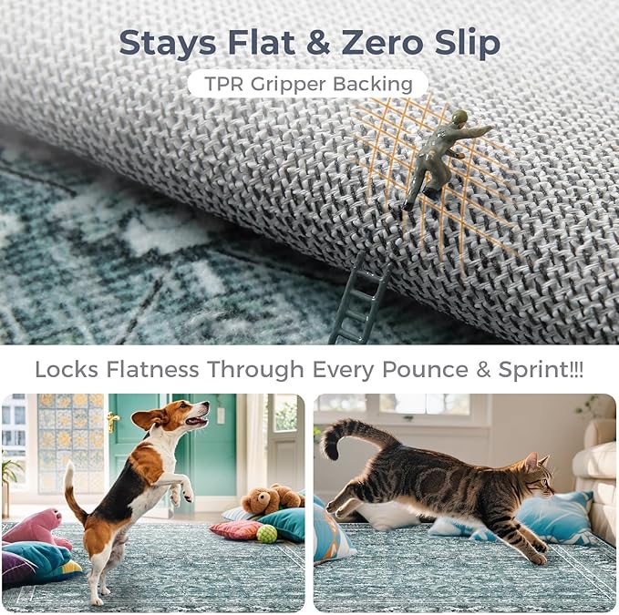 OPPODREAM Vintage Teal Area Rugs 5x7, 5 x 7 Retro Washable Rug Non Slip, Low-Pile Faux Wool Carpet, Distressed Floor Mat for Living Room, Bedroom, Kitchen, Office, Dorm, Dinning Room