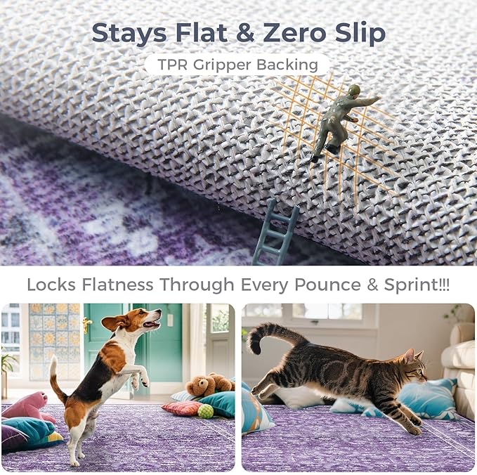 OPPODREAM Vintage Purple Round Rug 3ft, 3 ft Retro Washable Circle Rug Non Slip, Low-Pile Faux Wool Circular Carpet, Distressed Floor Mat for Living Room, Bedroom, Office, Dorm, Dinning Room