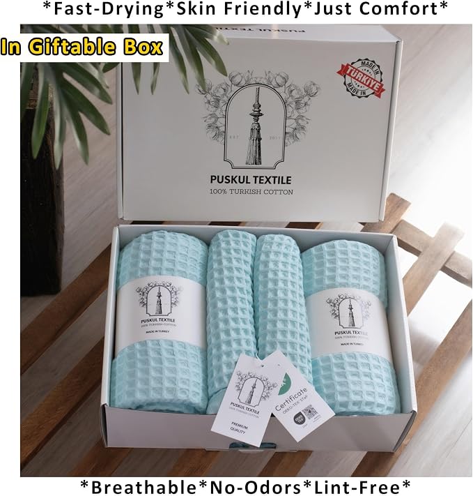 PÜSKÜL 4-Piece Natural 100% Turkish Cotton Luxury Waffle Towels for Bathroom | Premium Honeycomb Weave 2 Hand Towel & 2 Bath Towel Set | Soft Absorbent Quick-Dry Lightweight Towels (Turquoise)