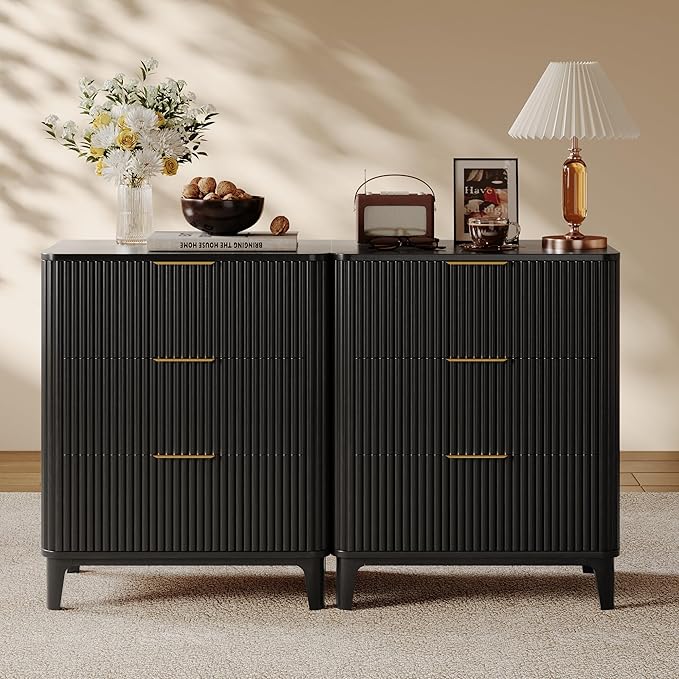 3 Drawer Fluted Dresser for Bedroom, Modern Closet Dressers Chest of Drawers, 23.6" Rustic Wood Nightstand 3-Drawer Dresser Bedside Table, Curved End Table with 3 Large Drawers for Living Room Black
