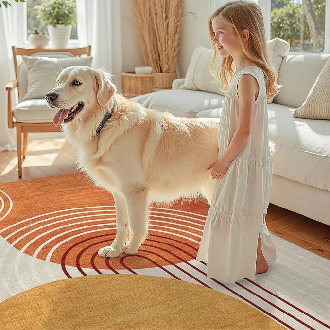 DCX Abstract Machine Washable 6x9 Rug, Mid Century Modern Rug for Living Room, Soft Low Pile Non Slip Carpet, Kid & Pet Friendly Stain Resistant Rug for Bedroom Dining Room Office, Orange & Yellow