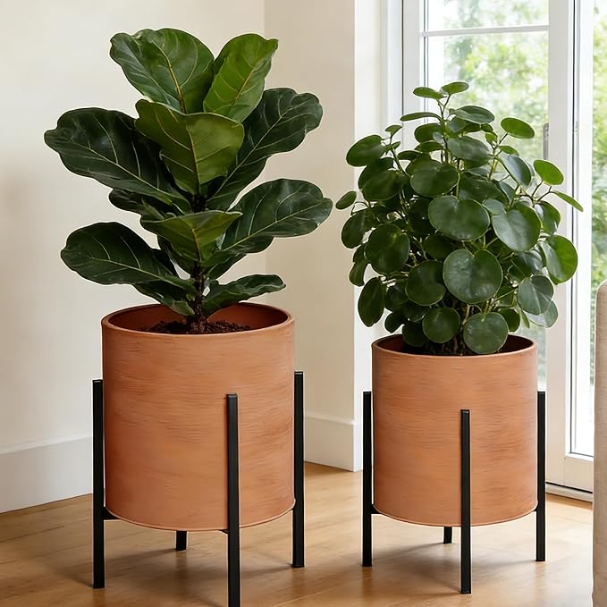 ARNIS Modern Plant Pots, Large Planters with Stand, Set of 2 Decorative Planters, Metal Pots with Drainage Holes for Living Room, Office, Garden or Balcony, 10.5 &12.25 Inch, Terracotta