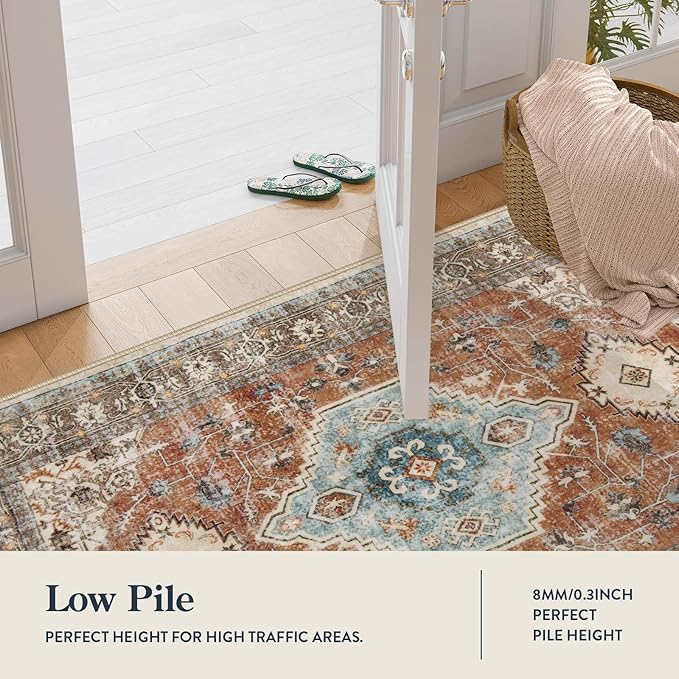 Lahome Oriental Small Rugs for Entryway, 2x3 Rug Non Slip Washable Fall Door Mat Indoor Entrance Ultra-Thin Vintage Soft Carpet for Kitchen Bedroom Front Door Bathroom, Orange/Multi