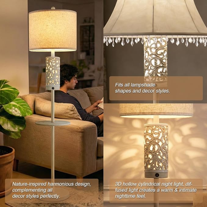 OYEARS Dimmable Farmhouse Floor Lamp for Living Room, 2-in-1 Rustic Floor Lamp with Main&Night Light,Linen Shade&Dual Switches, 65" Standing Lamp for Bedroom Office Corner Dining Room, Wood Pole Lamp