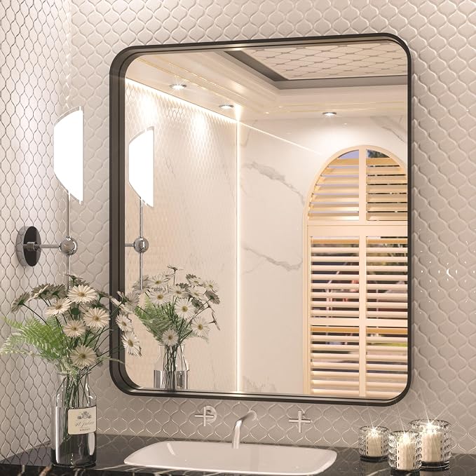 TETOTE 32 x 36 Inch Black Mirror for Bathroom,Vanity Mirror, Modern Rectangle Round Corner Matte Framed Mirror (Horizontal/Vertical)