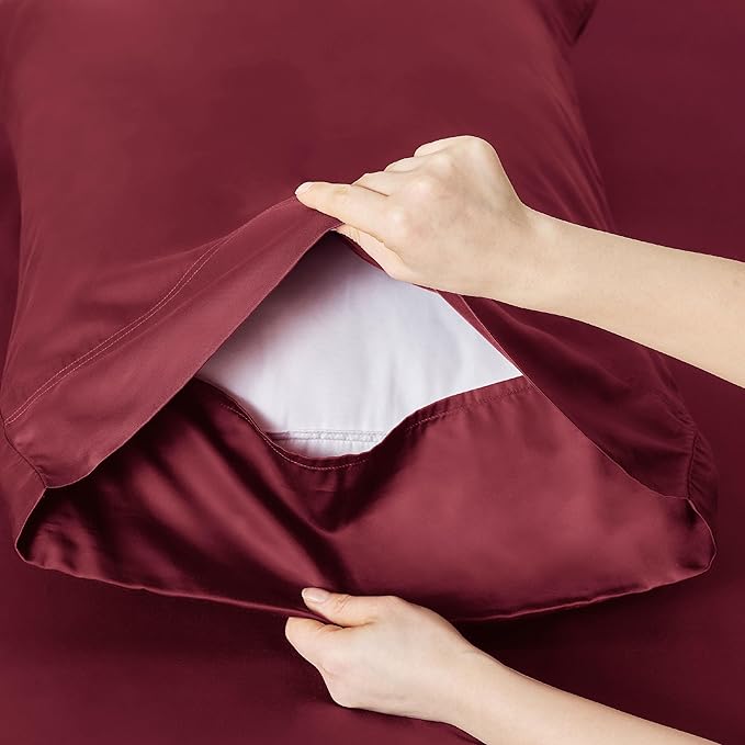 Bedsure King Size Sheets Set, Cooling Sheets for Hot Sleepers, Rayon Derived from Bamboo, Breathable & Soft, Deep Pocket Up to 16 Inches, Hotel Luxury Silky Bedding, Burgundy