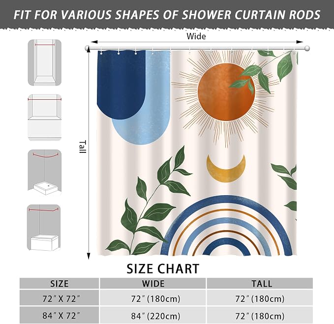 Mid Century Abstract Boho Aesthetic Shower Curtain Set, Blue Nature Leaf Sun Modern Minimalist Home Bathroom Curtain Decor with 12 Hooks 84 Inch Wide * 72 Inch High