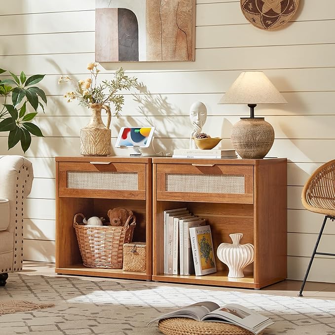 LEYAOYAO Rattan Nightstands Set of 2 with Charging Station, Tea Brown Night Stand with Drawer, 23" Wide Boho Bedside Table with Storage Shelf, Bed Side End Tables for Bedroom, Living Room, Hallway