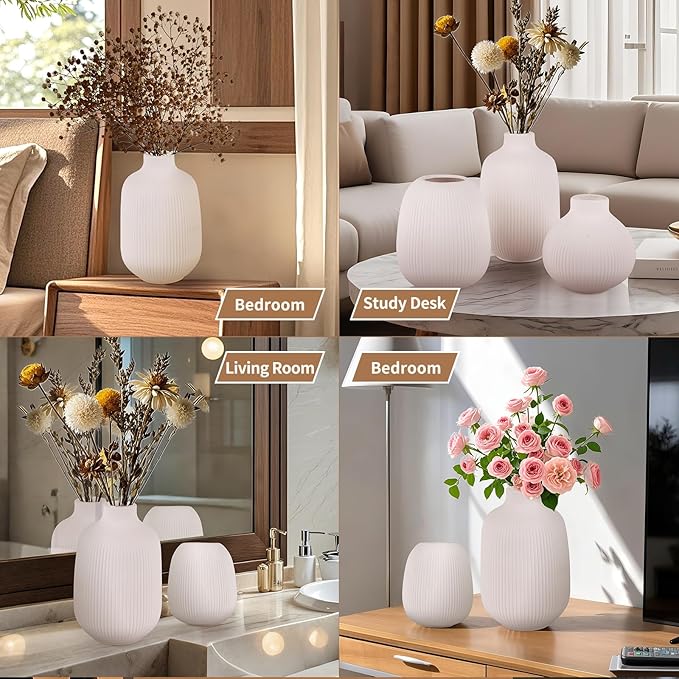 White Ceramic Vase Set of 3, Decorative Vases for Flowers, Home Decor Modern Minimalist Pottery Vases for Bouquet Pampas Grass Dried Fresh, Bookshelf, Shelf, Bedroom, Entryway Mantel Decor