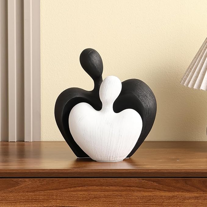 Ceramic Couple Statues Home Decor Aesthetic Abstract Sculpture Modern Decorative Statue for Living Room Bedroom Bookshelf Table Centerpiece Office (White and Black)