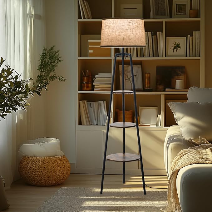 EOEYYOYB 3 Tier Shelf Floor Lamps for Living Room, Modern Standing Lamp with 3 Color Temperature Led Bulb, Tall Lamps for Bedroom and Office, Vintage Yellow