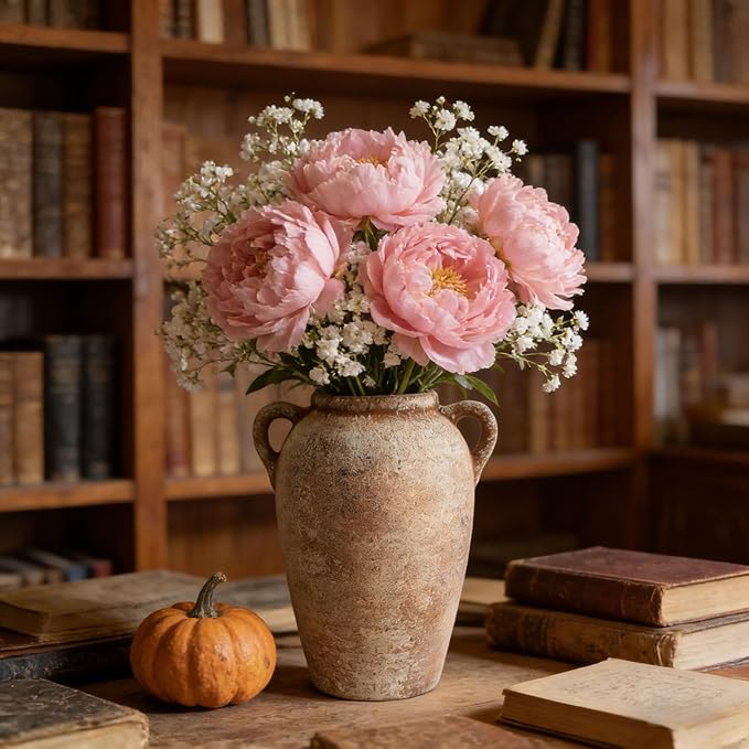 Ceramic Flower Vase with Handles Home Decor - 9 Inch Farmhouse Rustic Table Vases Living Room Decoration Decorative Vintage Pottery for Kitchen Shelf Dining Bookshelf Fireplace Centerpiece (Rustic-9")