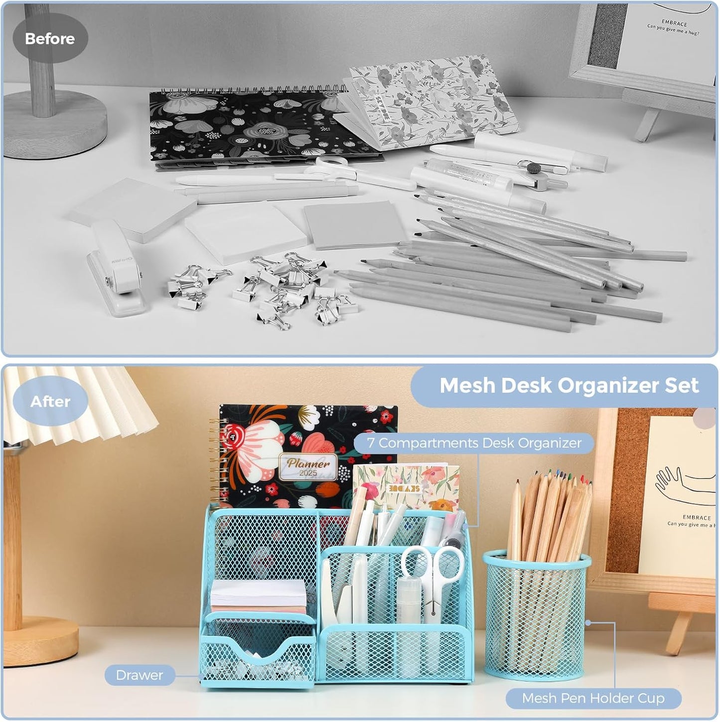SKYDUE Office Supplies Set - Blue Mesh Desk Organizer with Stapler, Tape Dispenser & Scissors | 1000 Staples Included