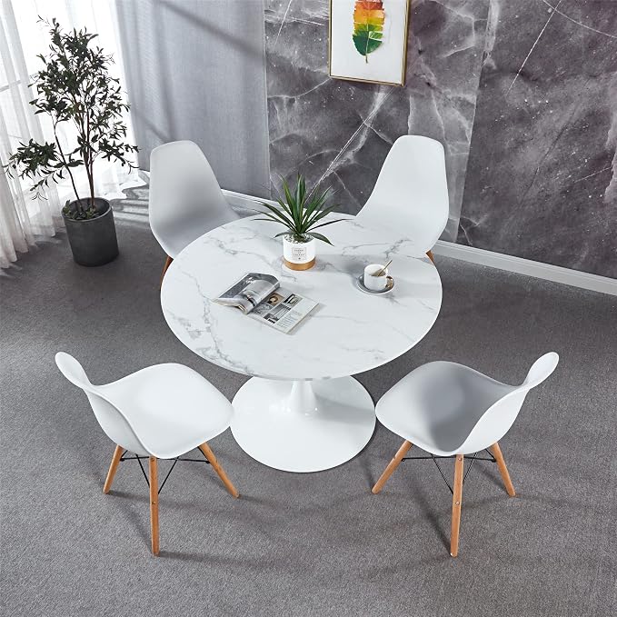 5-Piece Round Dining Table Set,42" Mid-Century Modern Kitchen Table with 4 Chairs,Tulip Pedestal Table & Solid Wood Legs,Space Saving Compact Furniture for Small Spaces Apartment Home,White/Marble