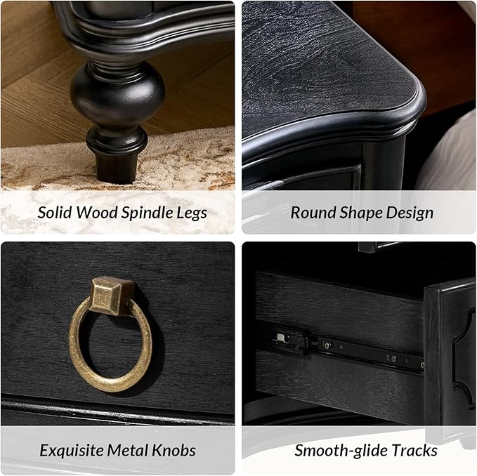 HULALA HOME Traditional Side Tables with 3 Drawers, Tall Side Table with Curved Front Profle Desgin, Charging Station, Solid Wood Legs, Set of 2, Black