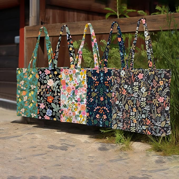 Decohim Multiple Packs Floral Japanese Print Canvas Tote Bag Reusable Grocery Bags Gifts for Women Girls Birthday Christmas