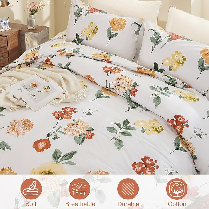 Yellow Floral Comforter Set Cute Botanical Bedding Queen 100% Cotton Floral Vintage & Country Cottage Bedroom Decor Soft Reversible