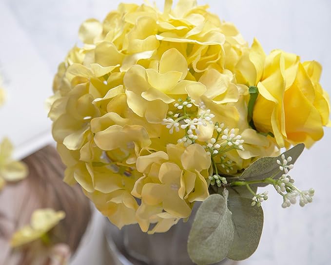 DuHouse Hydrangea Silk Flowers Artificial Flowers with Stem Fake Flower Heads for Wedding Centerpiece Home Decor Pack of 6 (Yellow)