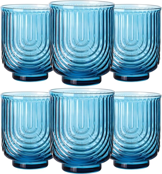 JOVGANK Blue Vintage Glassware Set of 6-14Oz Blue Water Drinking Glass, Art Deco Ripple Highball Glass, Whiskey Cocktail Glasses, for Bar Ice Coffee Juice, Housewarming Gifts and Mother's Day Gift