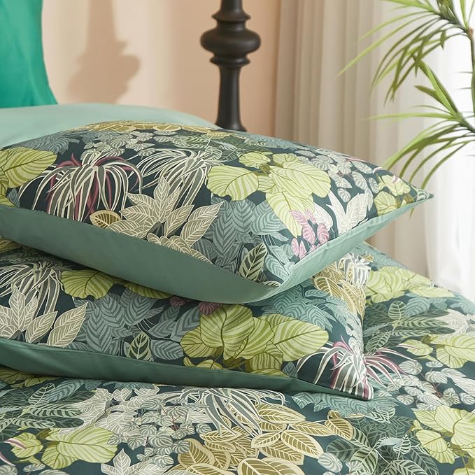 HighBuy Garden Leaves King Duvet Cover Cozy Cotton Vintage Tropical Green Bedding Sets Women Girls Chic Boho Comforter Cover Cottagecore Bedding Comforter Cover with 2 Pillowcases King Bedding