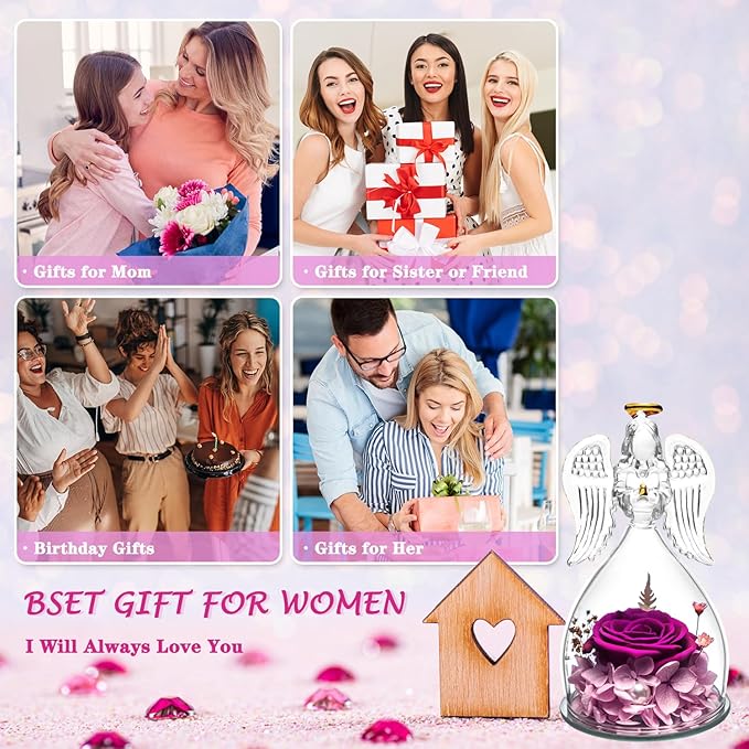 Christmas Women Gifts for Mom Birthday Gifts for Mom,Angel Birthday Gifts for Women Preserved Flower Rose in Glass Angel Figurines with Necklace, Purple Flower Gifts for Grandma Mother Sister Wife Her