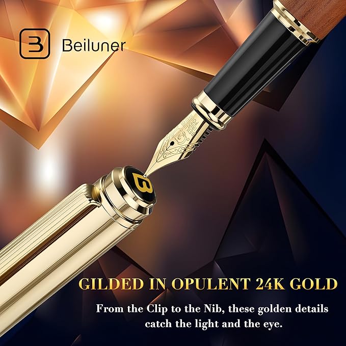 BEILUNER 316 Fountain Pen,Stunning Luxury Rosewood,24K Gilded Nib(Medium),Gorgeous 24K Gold Finish, Ink Converter,Best Gift for Men&Women-Fancy,Executive,Nice Pens for Writing, RD-M