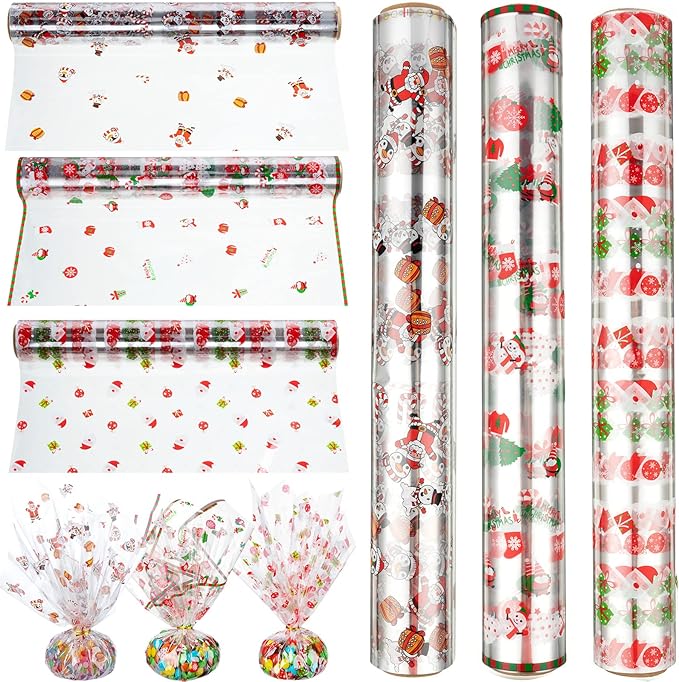 Fainne Total 295 ft 3 Pcs Christmas Cellophane Wrap Roll 15.8 Inch x 98.4 ft, 2.5 Mil Thick Clear Merry Christmas Cellophane for Gift Baskets Flower Food Treats Wrapping Party Decoration