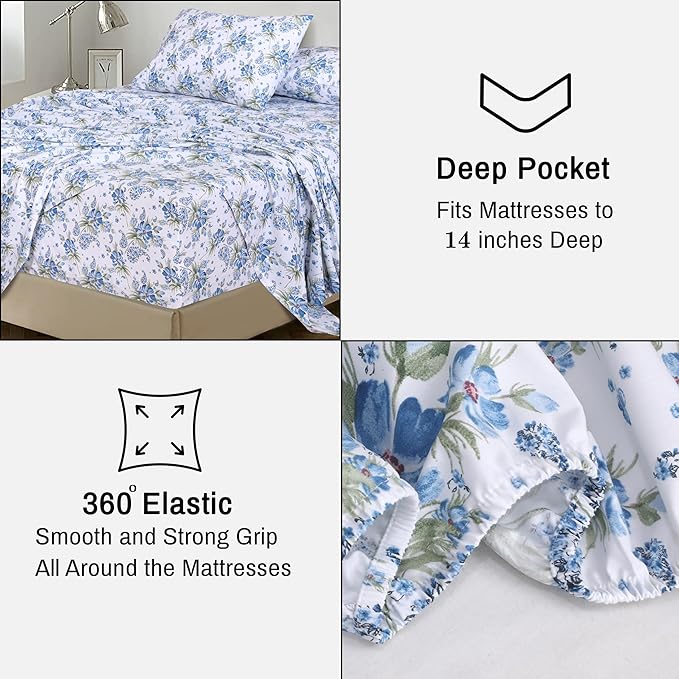 RUVANTI 100% Cotton California King Sheet Sets, 4 Pieces, Soft & Breathable Percale Weave Bedding, Deep Pocket 14", Hotel Standard, Crisp Cool Feel & Durable, Perfect Floral Sheets, Paislyona