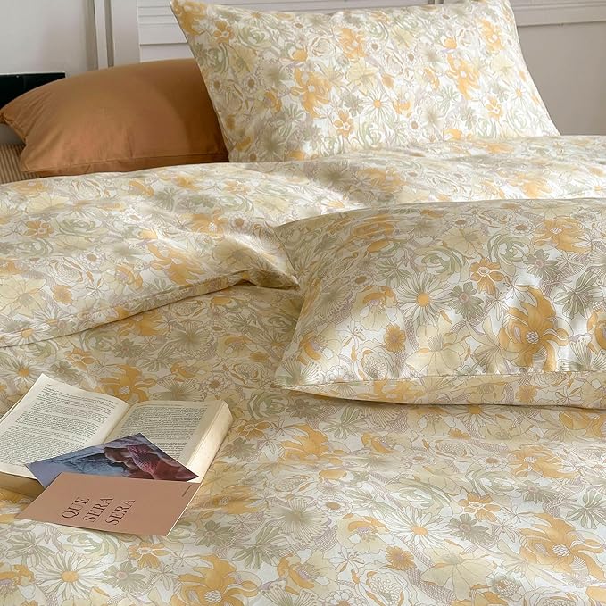AOJIM Kids Adults Aesthetic Duvet Cover Set for Room Decor, Pure Cotton Comforter Cover Set 3pcs with Begonia Pattern, 1 Soft Quilt Cover Queen Size and 2 Matching Pillowcases, No Comforter