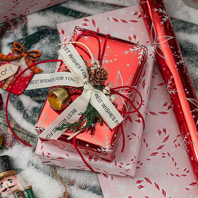 MAYPLUSS Red Christmas Wrapping Paper Roll - 17IN X 33FT - Christmas Gift Wrapping Paper Featuring White Snowflake Reversible Candy Cane for Kids, Holiday, New Year