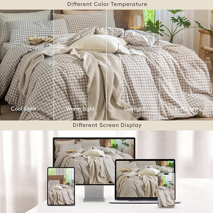 MooMee Gingham Duvet Cover Set 100% Washed Cotton Linen Like Textured Breathable Durable Soft Comfy Modern Checkered Design (Tannish Linen Grey Gingham, Cal King 104"x98")