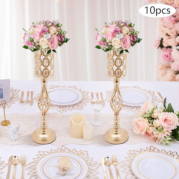 10 PCS Gold Wedding Centerpiece Vases, 24.02in Metal Crystal Wedding Centerpiece Vases, Crystal Metal Flower Vase Stand, for Wedding Party Reception, Dining Room Living Room Décor