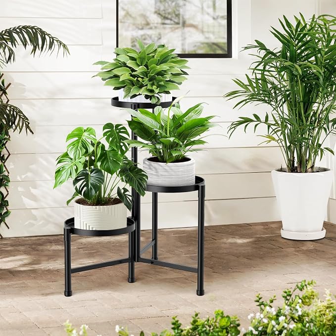 3 Tier Corner Plant Stand Indoor Outdoor, Metal Plant Shelf with 10 Inch Wide Tray,Flower Pot Display Holder Iron Rack Organizer Stand for Living Room Office Garden Patio Balcony Black