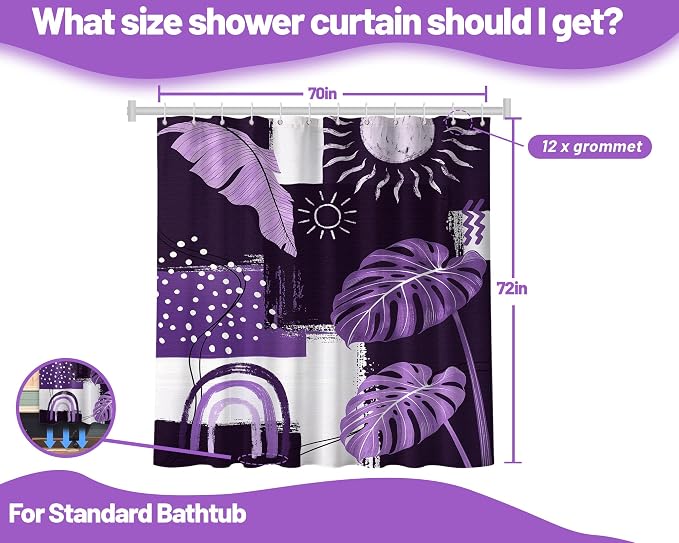 Purple Mid Century Modern Shower Curtain Bohemian Abstract Lavender Shower Curtains for Bathroom Decor Sets, Waterproof Cloth Fabric with Hooks, 70x72 Inch