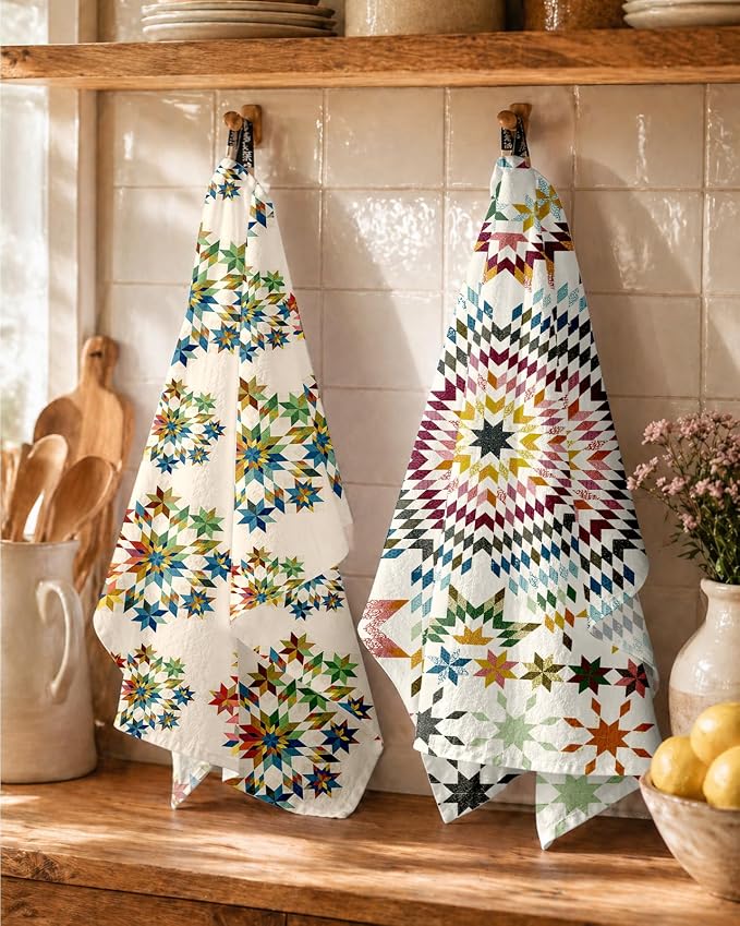 Miss Adola 2 Pack Flour Sack Kitchen Towels - 16x26 Inch Cotton Dish Towels with Hanging Loop Reusable Geometric Boho Modern Retro Tea Towel Absorbent Dishcloths Home Decor, Starburst Design