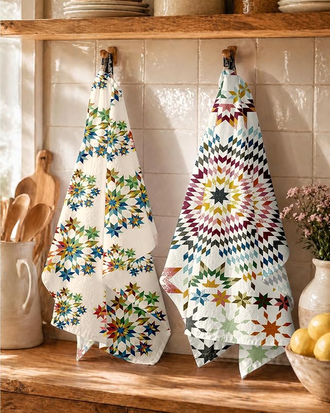 Miss Adola 4pcs Flour Sack Kitchen Towels - 16x26 Inch Cotton Dish Towels Set of 4 with Hanging Loop Reusable Geometric Boho Modern Retro Tea Towel Absorbent Dishcloths Home Decor, Starburst Design