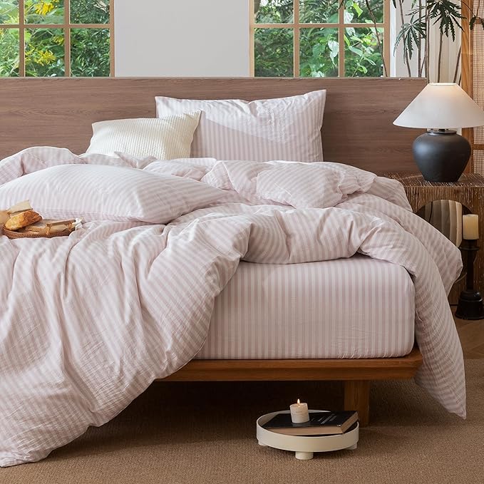 MooMee Striped Duvet Cover Set 100% Washed Cotton Linen Like Textured Breathable Durable Soft Comfy (Heathered Greyish Pink Classic Stripes, King 104"x90")