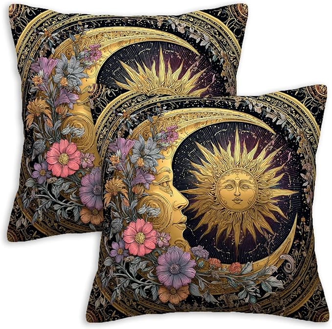Sun and Moon Decorative Pillow Covers 18x18 Set of 2 | Cushion Cases with Invisible Zipper | Home Decor Throw Pillowcases for Couch, Sofa and Livingroom