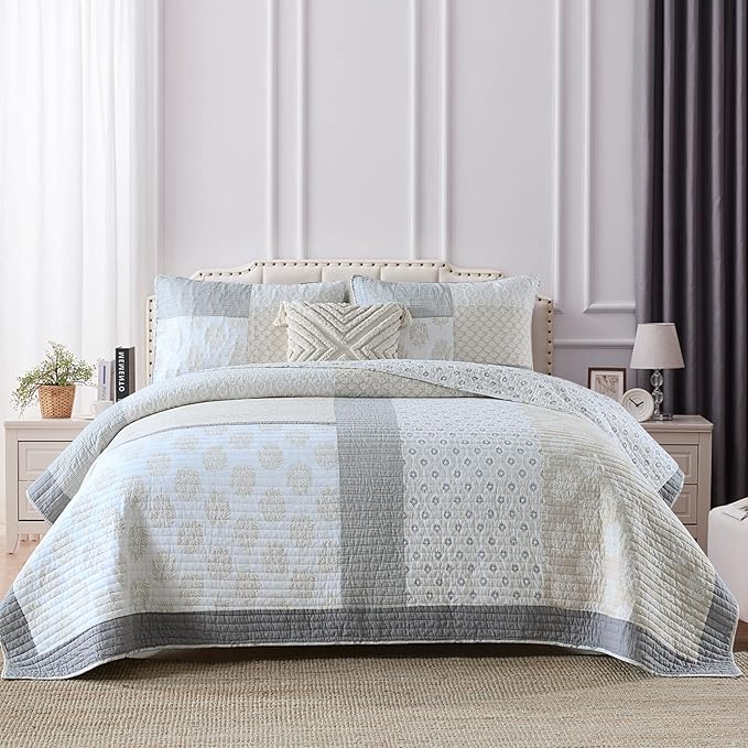 PANGUSHAN Quilt Set Queen Size, 100% Cotton Bedspread Quilt Bedding Set, Floral Patchwork Quilt Set for Queen Bed, Moonbeam Bed Spread, Lightweight Comforter Reversible Quilt, All Season, 3 Pieces